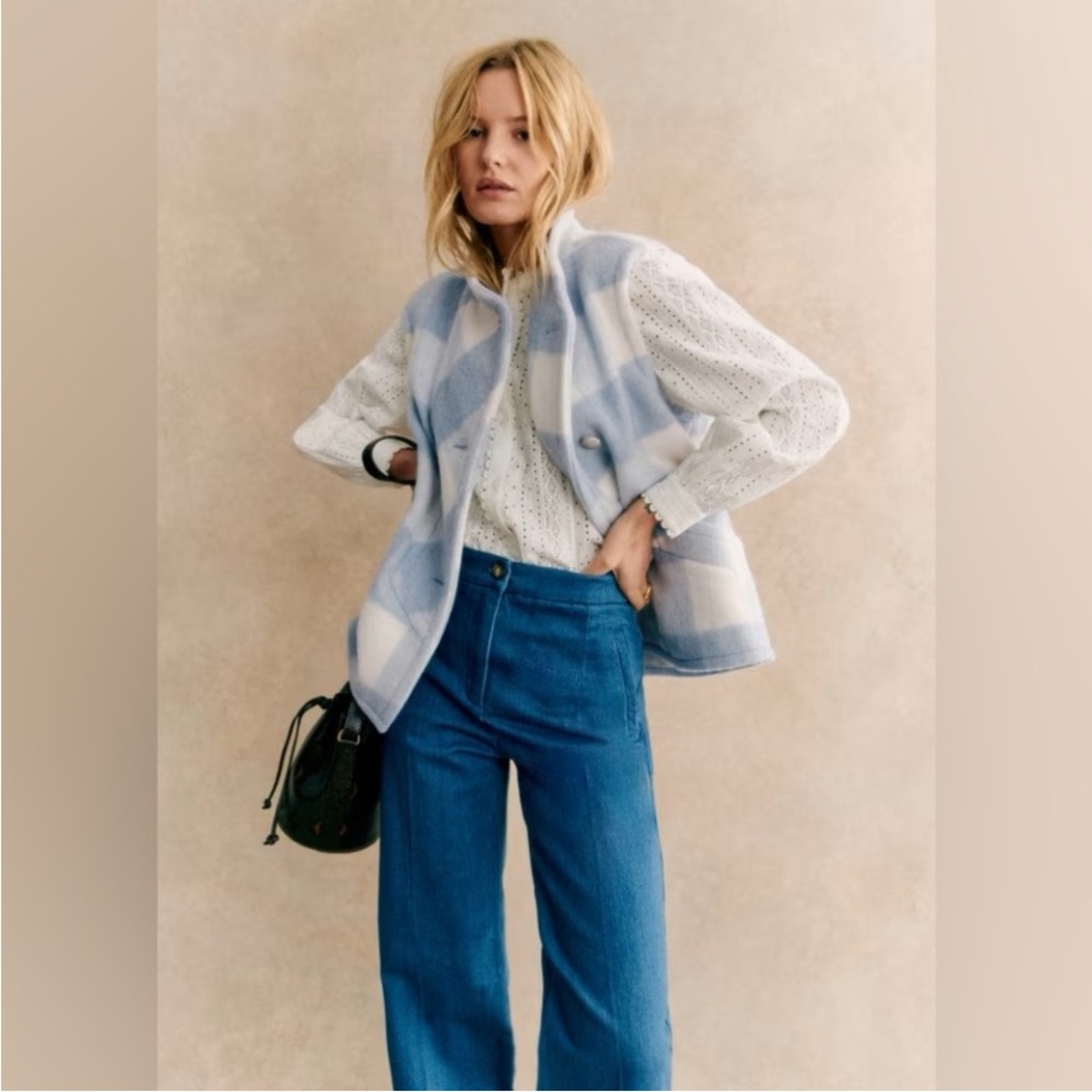 Sezane Light Blue Plaid Wool Jacket Vest. Large
